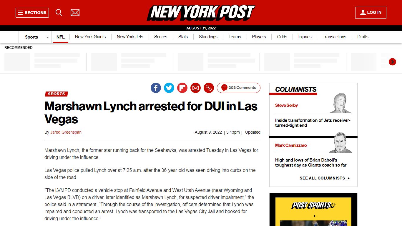 Marshawn Lynch arrested for DUI in Las Vegas - nypost.com